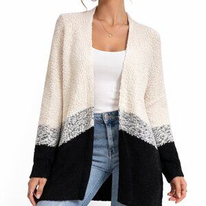 Sabrina Lauren Cardigan L Cream Black Colorblock Open Front Boho Knit Layering